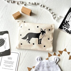 Grab and go zip pouch nappy bag fox design for baby, black and white, British animal design, organic cotton bag, travel bag, storage bag