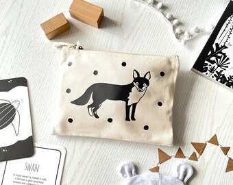 Grab and go zip pouch nappy bag fox design for baby, black and white, British animal design, organic cotton bag, travel bag, storage bag
