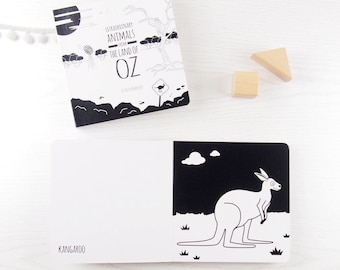High contrast black and white baby board book featuring animal illustrations from Australia