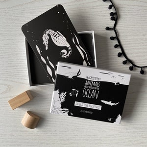 Tarjetas sensoriales interactivas de alto contraste para bebés en blanco y negro con animales de nuestros océanos