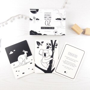 Interactive high contrast black and white baby flash cards with animals from Australia
