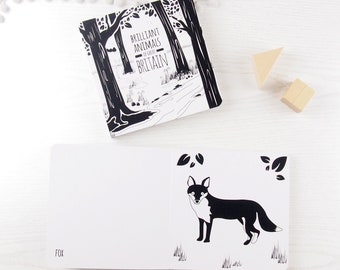 Black and white baby board book with British animals