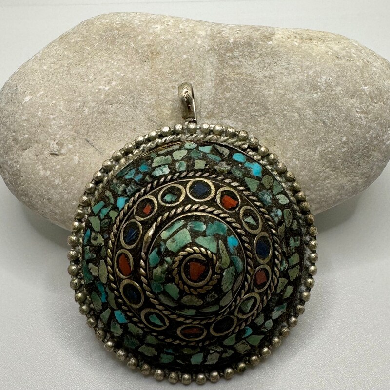 Vintage Tibetan Turquoise & Coral Inlay Large Two Tone Pendant #1