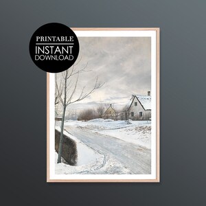Vintage houses in the Snow Digital Print, Printable Winter Landscape Painting, Wall Art, DIGITAL Download, Printable Winter Wall Art