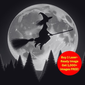 Imagem de voo de bruxa cortada a laser em ardósia | Download digital de cena lunar de floresta de Halloween | Gravura gráfica de ilusão 3D PNG Glowforge