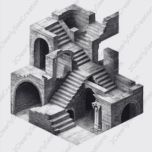May include: Isometric architectural drawing of a complex structure with multiple staircases, arches, and levels. The artwork is rendered in grayscale, showcasing detailed stonework and a classical design. The perspective creates an optical illusion.