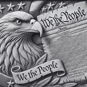 May include: A grayscale image featuring a detailed depiction of an American bald eagle, a scroll with the words "We the People," and the text of the Constitution. The eagle is positioned next to the scroll, with stars in the background.