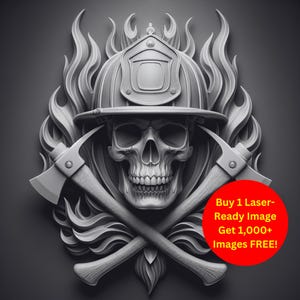 Imagen de calavera de bombero cortada a láser, archivo de pizarra quemada / Casco, hachas, llamas, homenaje al héroe, descarga digital / Gráficos de ilusión 3D PNG Glowforge