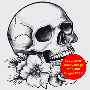 Skull Flowers Image Laser Cut Burn Slate File | Botanical Gothic Line Art Digital Download | 3D Illusion Graphics PNG Glowforge