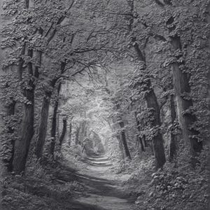 Puede incluir: Relieve en blanco y negro de una escena de bosque. La imagen muestra un camino que serpentea a través de un bosque denso, con árboles altos a los lados. Los árboles tienen corteza y follaje detallados, creando un efecto texturizado. El camino conduce a una zona brillante y brumosa.