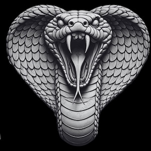 May include: A detailed, three-dimensional sculpture of a cobra snake with its hood raised, showing its fangs and tongue. The sculpture is made of a light gray material and has a realistic texture.