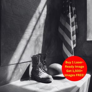 Military Memorial Image Laser Cut Burn Slate File | Helmet Boots and Flag Digital Download | 3D Illusion Graphics Engraving PNG Glowforge
