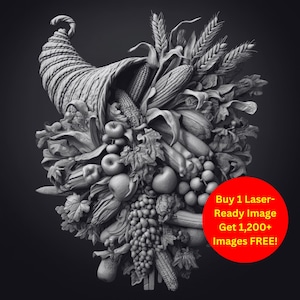 Immagine di cornucopia del raccolto tagliata al laser, file di ardesia bruciata / Download digitale dell'abbondanza del Ringraziamento autunnale / Incisione con illusione 3D PNG Glowforge