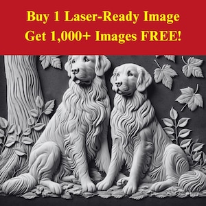 Imagen de dos perros cortada con láser Archivo para quemar / Escena de jardín con relieve vintage Descarga digital / Gráficos de ilusión 3D PNG Foto Glowforge