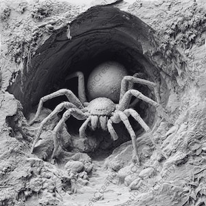 May include: A detailed grayscale sculpture of a large spider emerging from a cave. The spider has multiple legs and a textured body. The cave entrance is surrounded by rocky terrain, creating a realistic and detailed scene.
