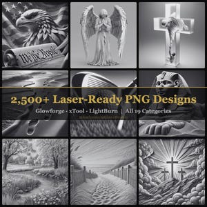 May include: A collection of black and white laser-ready PNG designs. The image includes an eagle with the American flag, an angel statue, a cross, footprints, a golf club, a pharaoh, a river scene, a beach path, and text that reads "We the People".