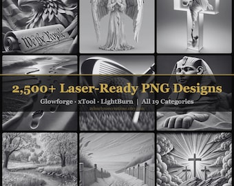 May include: A collection of black and white laser-ready PNG designs. The image includes an eagle with the American flag, an angel statue, a cross, footprints, a golf club, a pharaoh, a river scene, a beach path, and text that reads "We the People".