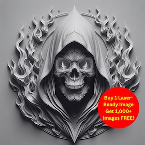 Hooded Skull Flame Image Laser Cut Burn Slate File | Gothic Death Face Digital Download | 3D Illusion Graphics PNG Glowforge