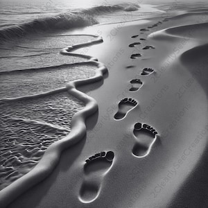 May include: Black and white photograph of a sandy beach with footprints leading towards the ocean. The waves are gently rolling onto the shore, and the footprints are imprinted in the sand.