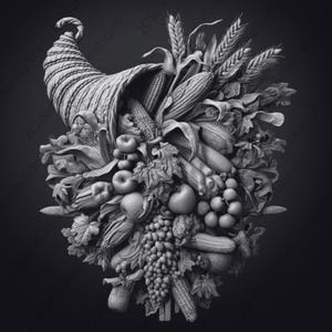 Puede incluir: Una escultura en escala de grises de una cornucopia rebosante de diversas frutas, verduras y granos. La disposición incluye manzanas, uvas, maíz, trigo y verduras de hoja verde, todo intrincadamente detallado. La obra de arte está sobre un fondo oscuro.