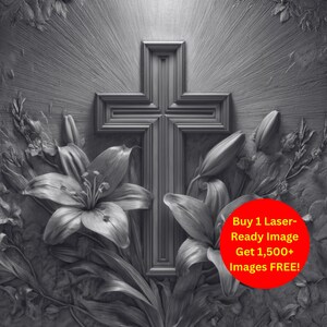 Cross with Lilies Image Laser Cut Burn Slate File | Christian Faith Floral Digital Download | 3D Illusion Graphics Engraving PNG Glowforge