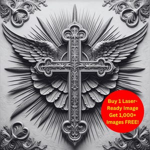 Stone Wings Cross Image Laser Cut Burn Slate File | Ornate Carved Angel Symbol Digital Download | 3D Illusion Graphics PNG Photo Glowforge
