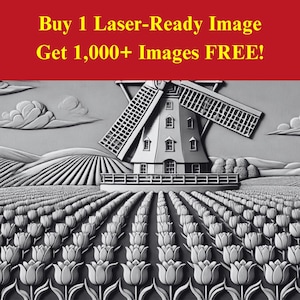 Immagine del mulino a vento File di ardesia bruciata tagliata al laser / Download digitale di un campo di tulipani olandesi / Grafica di illusione 3D PNG Foto Glowforge