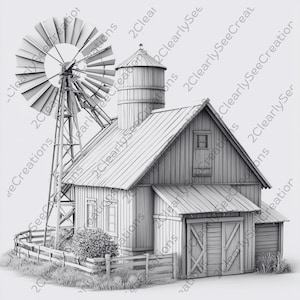 Imagen de bajorrelieve de granero con silo / Diseño de grabado láser de paisaje de granja PNG / Arte rural americano con ilusión 3D