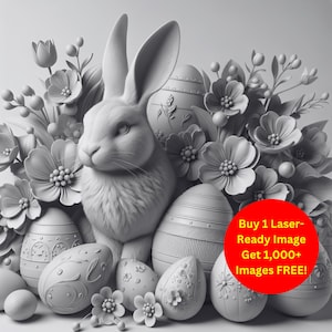 Fichier d'ardoise découpé au laser Image de lapin de Pâques | Oeufs floraux mignon printemps scène téléchargement numérique | Illusion graphique 3D Photo PNG Glowforge