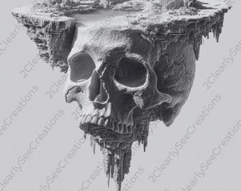May include: A monochrome 3D render of a skull with a landscape on top. The skull has detailed textures and is suspended in the air. The landscape features miniature structures and terrain, creating a surreal, fantasy-themed image.