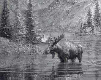 May include: Black and white illustration of a moose standing in a lake. The moose has large antlers and is surrounded by trees and mountains. The water reflects the moose and the surrounding landscape.
