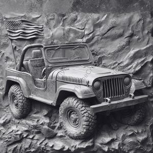 May include: A black and white photo of a jeep with an American flag on the front. The jeep is on a rocky surface.