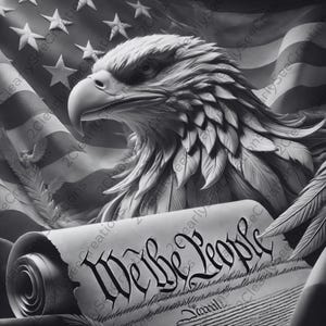 May include: A black and white image of a bald eagle with its wings spread, perched on top of a rolled up document with the text "We the People" printed on it. The eagle is positioned in front of a black and white American flag.