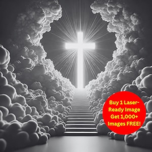 Treppenhaus Kreuz Bild Laser Cut Burn Schiefer Datei | Himmelsweg Bewölkter Himmel Digitaler Download | 3D Illusion Grafiken PNG Foto Glowforge