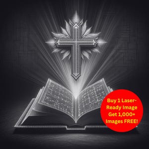 Kreuz und Bibel Bild Laser Cut Burn Schiefer Datei | Glühende Schrift christliches Symbol digitaler Download | 3D Illusion PNG Foto Glowforge