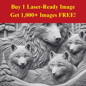 Imagem da família Wolf Corte a laser Arquivo de gravação | Escultura em relevo de vida selvagem da floresta Download digital | Foto PNG de gráficos de ilusão 3D Glowforge