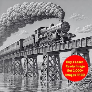 Imagen de puente ferroviario cortada con láser Archivo de pizarra quemada / Caballete de tren de vapor Descarga digital / Gráficos de ilusión 3D PNG Foto Glowforge