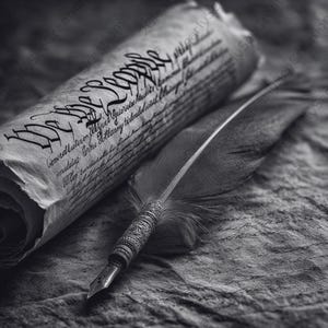 May include: Black and white image of a rolled parchment with the words "We the People" and other script. A detailed quill pen rests beside the scroll. The scene is set on a textured surface, evoking a sense of history and importance.