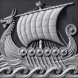 May include: A detailed, three-dimensional carving of a Viking longship with a dragon head prow, a sail, and oars. The ship is set against a wave background.