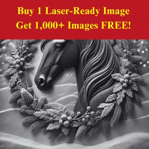 Fichier d'ardoise découpé au laser Image couronne de cheval | Téléchargement numérique de Noël de pin de vacances d'hiver | Illusion graphique 3D Photo PNG pour Glowforge