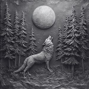 May include: A grayscale relief sculpture depicting a wolf howling at a full moon. The wolf stands in a forest of tall pine trees. The moon is large and round, and the scene is set against a dark background.