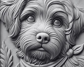 May include: A close-up of a gray, sculpted dog's face with a bandana. The dog has a sweet expression and is looking directly at the viewer.