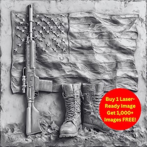Imagen de homenaje militar cortada a láser, archivo de pizarra quemada / Bandera estadounidense, botas de combate con rifle, descarga digital, gráficos de ilusión 3D, PNG, foto Glowforge