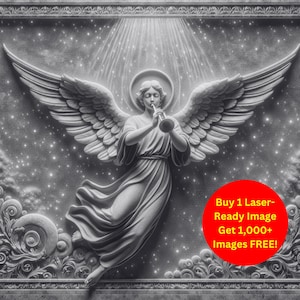 Trumpet Angel Image Laser Cut Burn Slate File | Celestial Spirit Horn Stars Heaven Religious Art Digital Download 3D Illusion PNG Glowforge