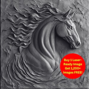 Imagem de Cabeça de Cavalo Majestosa, Corte a Laser, Arquivo de Ardósia | Download Digital Elegante do Espírito Equestre | Gravura de Ilusão 3D PNG Glowforge