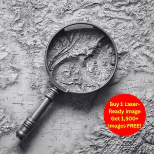 Topographic Map Image Laser Cut Burn Slate File | Magnifying Glass Scene Digital Download | 3D Illusion Graphics Engraving PNG Glowforge