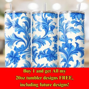 Blue Floral Tumbler Wrap | 20oz Elegant Vintage Baroque Sublimation Design | Digital Download PNG for Chic, French, Cottagecore Aesthetic
