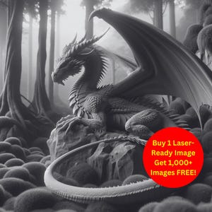 Immagine della foresta del drago, file di ardesia bruciata, taglio laser / scena fantasy di riposo di creatura mitica, download digitale, grafica di illusione 3D PNG Glowforge