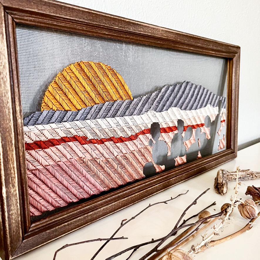 Hand Embroidered Upcycled Window Screen Art- Mt Taylor and the Volcanoes