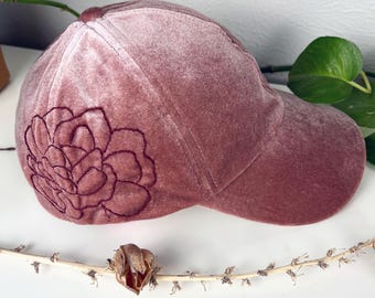 Mauve Velvet Hat with Large Hand Embroidered Peony